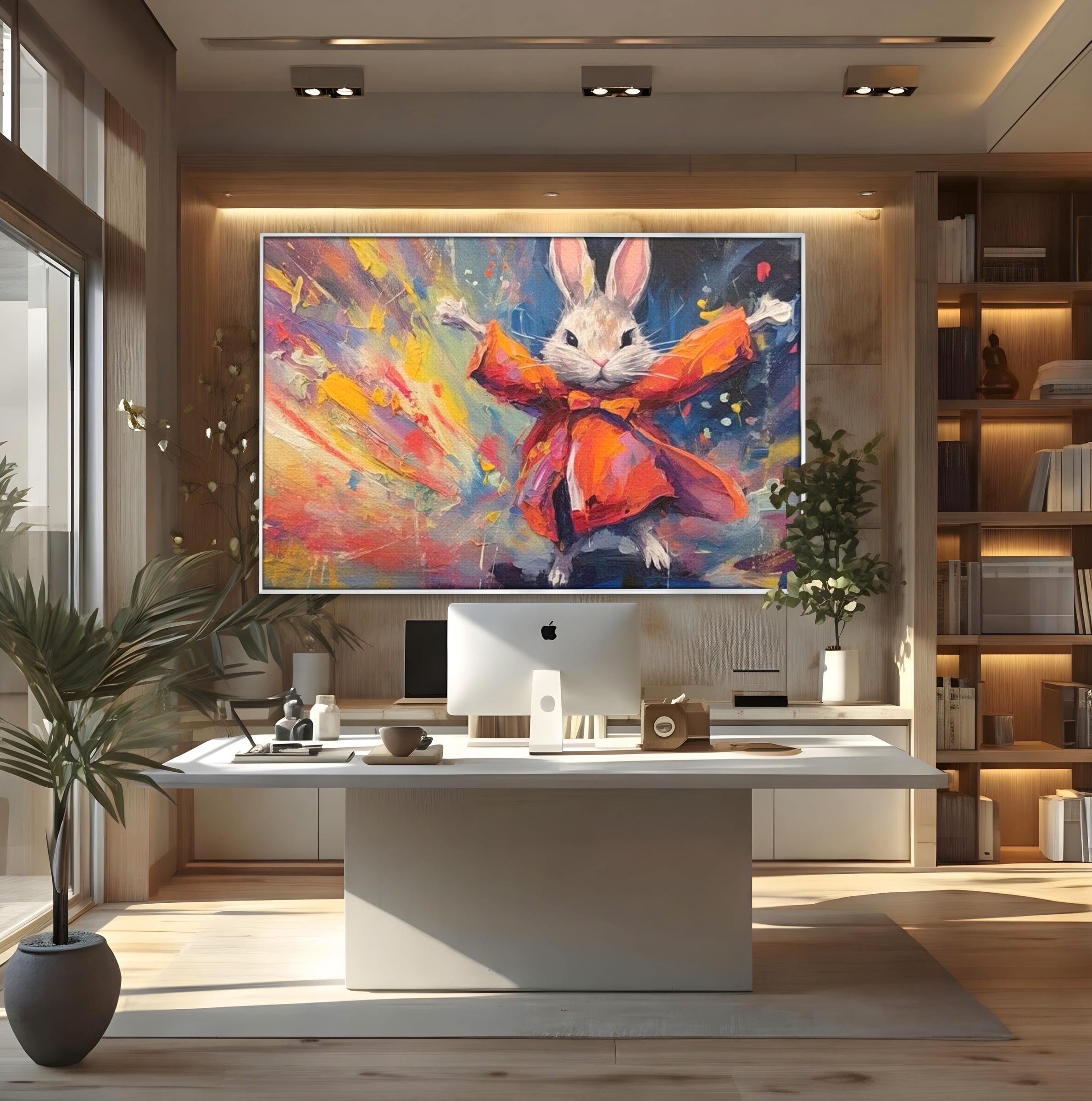 Tablou canvas cu tablou canvas cu iepuras magician colorat, in rama de aluminiu argintiu, pe perete intr-un birou